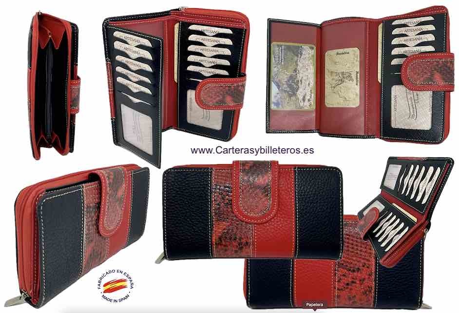 GRAND PORTEFEUILLE POUR FEMME AVEC TRIPLE BOURSE POUR DE NOMBREUSES CARTES EN CUIR 