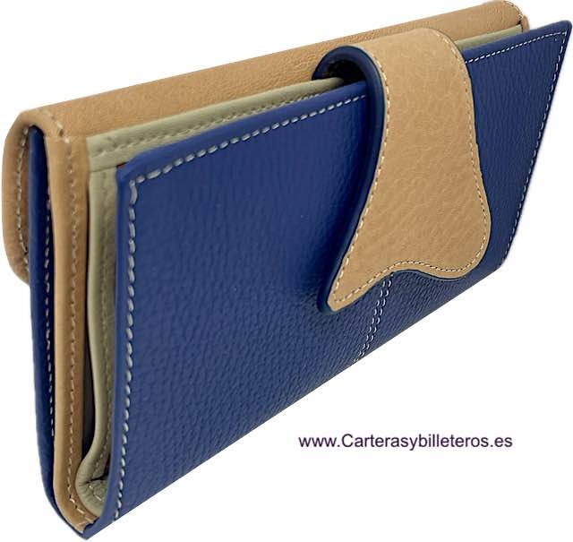 GRAND PORTEFEUILLE POUR FEMME EN PEAU BLEU MARINE ET CUIR 