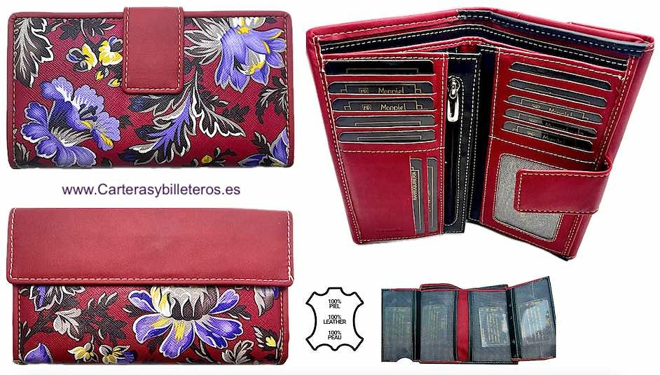 GRAND PORTEFEUILLE POUR FEMMES EN CUIR ROUGE AVEC GRAND PORTE-CARTES ET PORTE-MONNAIE 