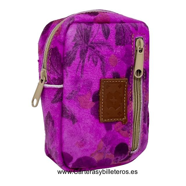 PITILLERA DE PIEL CON BOLSILLO FRONTAL + 40 COLORES -Recomendado- FUCSIA FLORES 