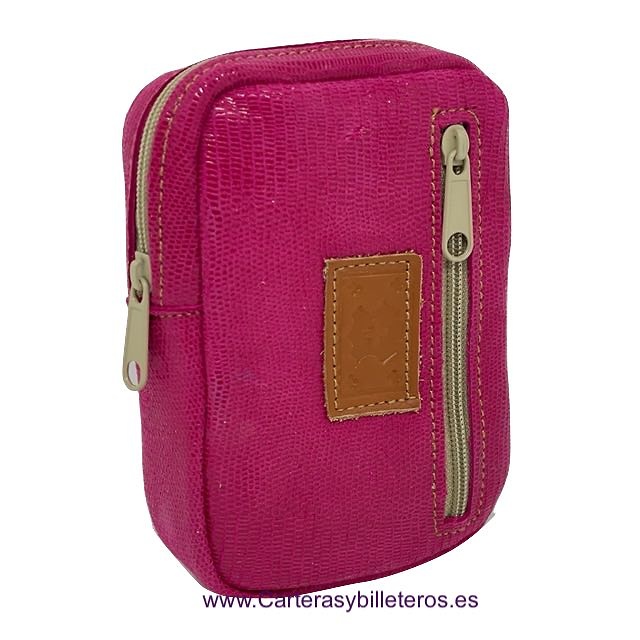 PITILLERA DE PIEL CON BOLSILLO FRONTAL + 40 COLORES -Recomendado- FUCSIA REPTIL 