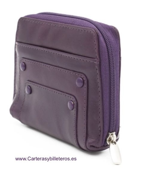 PORTE-CARTES EN CUIR VIOLET PORTE-MONNAIE EN CUIR VIOLET MARQUE LEYVA 