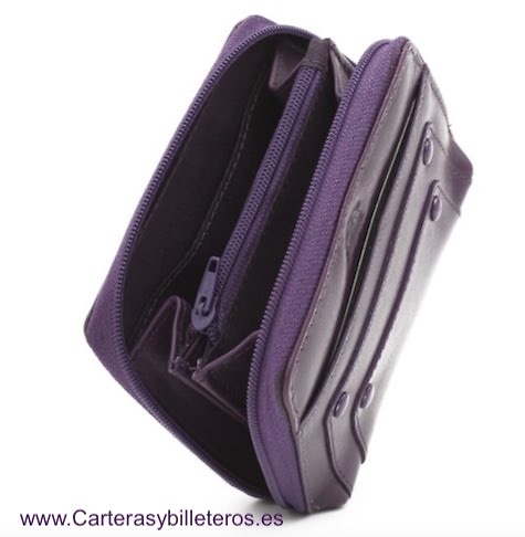 PORTE-CARTES EN CUIR VIOLET PORTE-MONNAIE EN CUIR VIOLET MARQUE LEYVA 