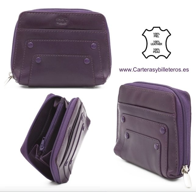 PORTE-CARTES EN CUIR VIOLET PORTE-MONNAIE EN CUIR VIOLET MARQUE LEYVA 