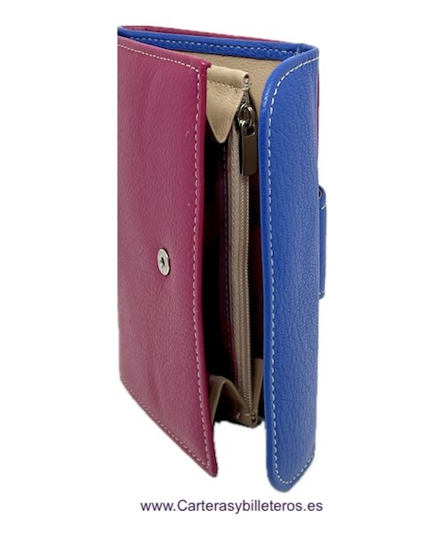 PORTEFEUILLE EN CUIR BLEU ET FUCHSIA UBRIQUE POUR FEMMES AVEC PORTE-MONNAIE 