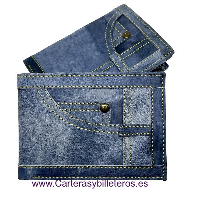 PORTEFEUILLE EN CUIR DENIM AVEC PORTE-MONNAIE ET PORTE CARTES 