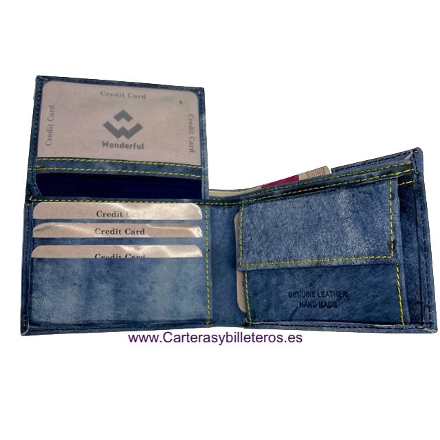 PORTEFEUILLE EN CUIR DENIM AVEC PORTE-MONNAIE ET PORTE CARTES 