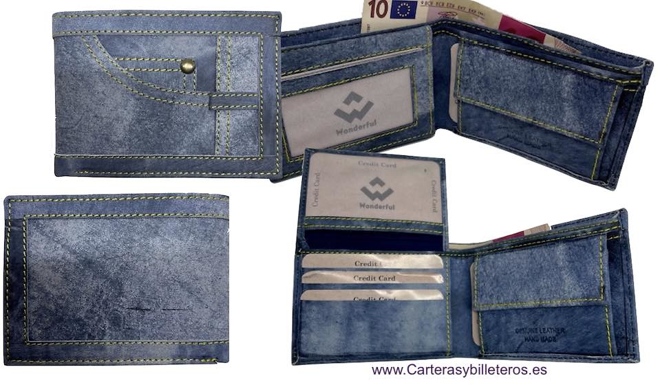 PORTEFEUILLE EN CUIR DENIM AVEC PORTE-MONNAIE ET PORTE CARTES 