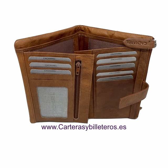 PORTEFEUILLE EN CUIR FEMME CACHAREL LARGE AVEC ORNEMENT FAIT MAIN 