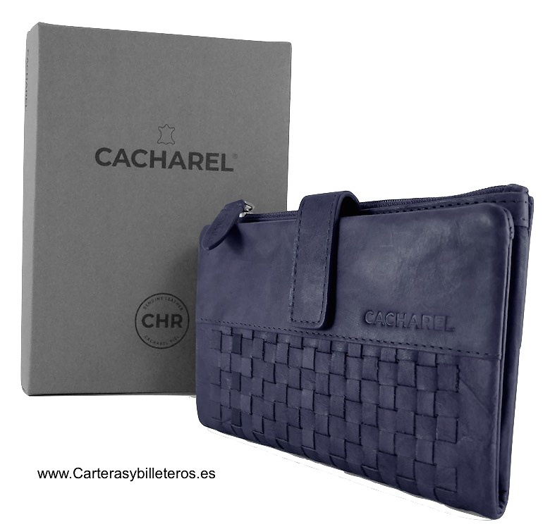 PORTEFEUILLE EN CUIR FEMME CACHAREL LARGE AVEC ORNEMENT FAIT MAIN 