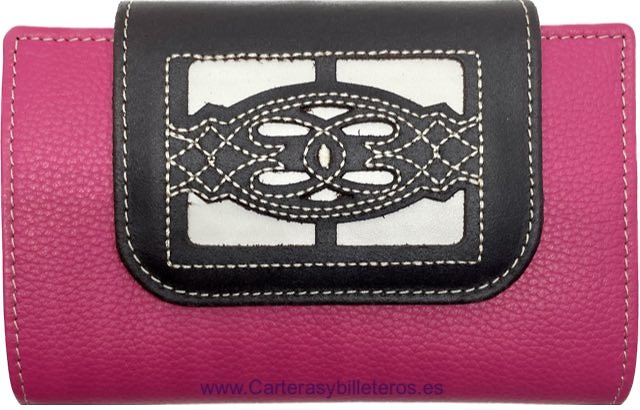 PORTEFEUILLE EN CUIR FUCHSIA UBRIQUE POUR FEMME AVEC FERMETURE EN CUIR BRODÉ CARTUJANO 