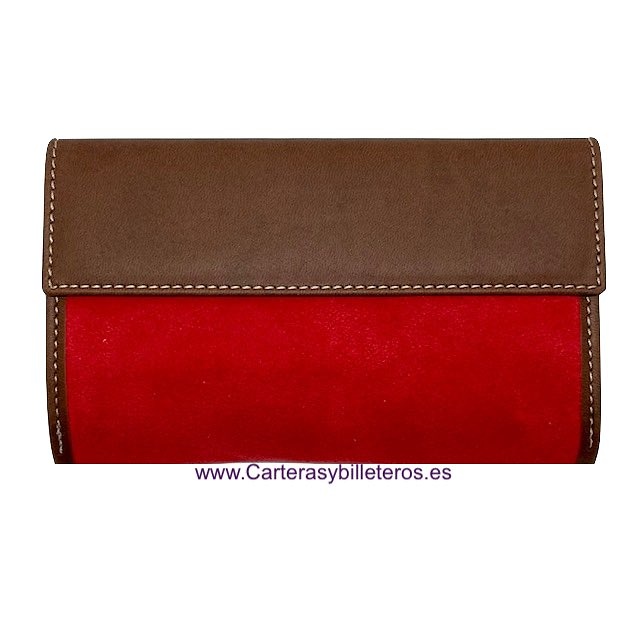 CARTERA MUJER CUERO CON ANTE HECHA EN UBRIQUE ROJO 