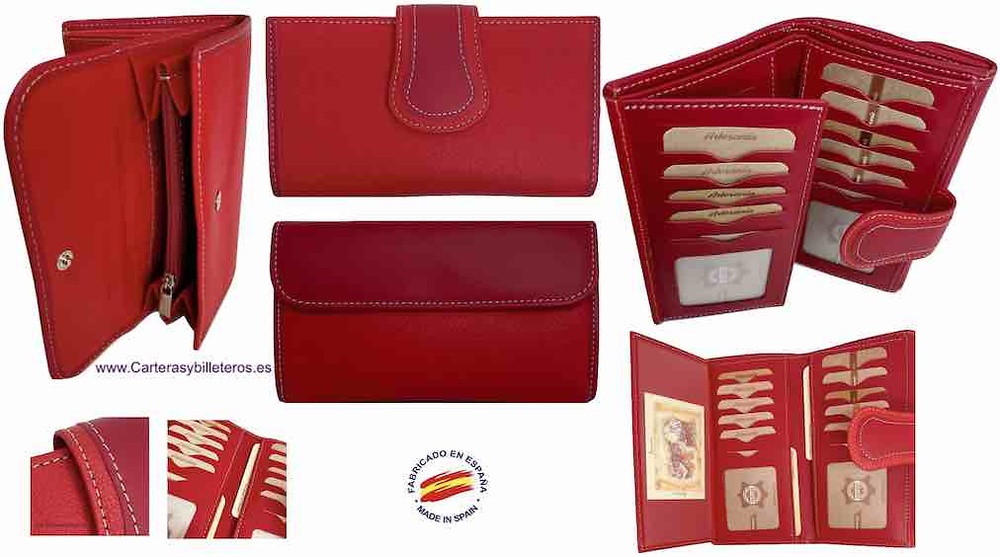 PORTEFEUILLE FEMME EN CUIR ROUGE GRAND AVEC FERMETURE À GLISSIÈRE 