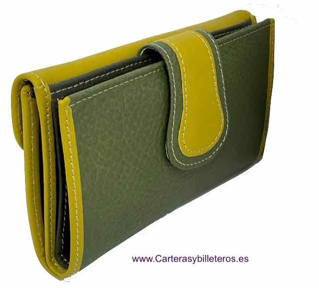 PORTEFEUILLE FEMME EN CUIR UBRIQUE LARGE VERT ET VERT CITRON 