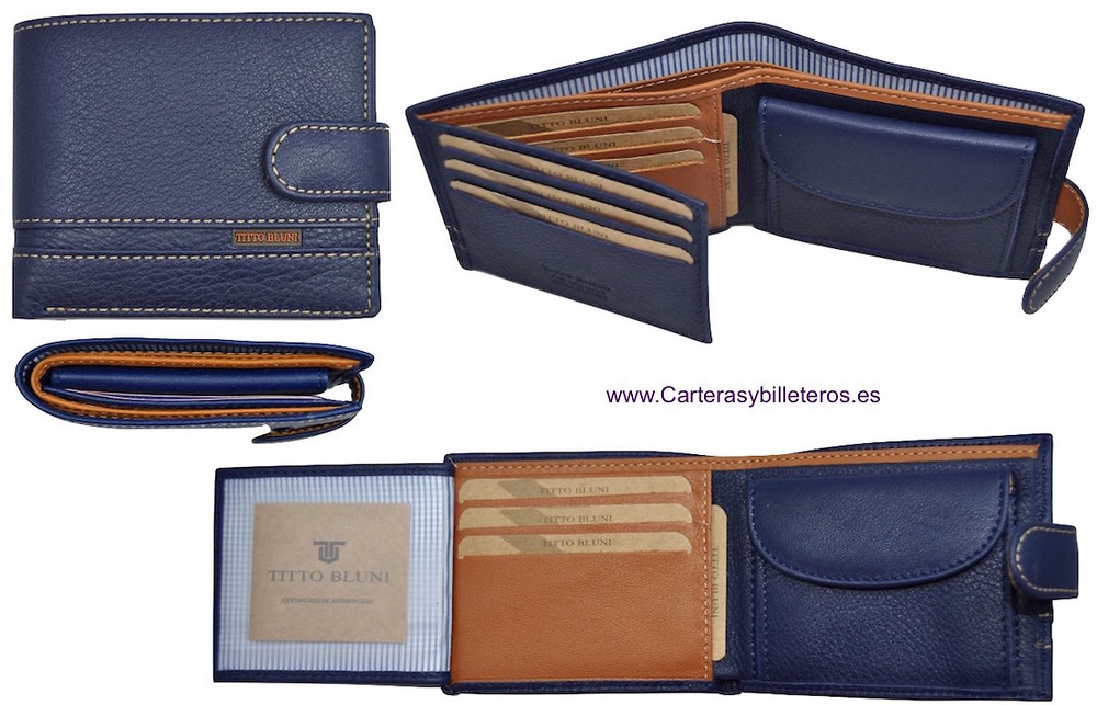 CARTERA DE HOMBRE DE PIEL LUXURY MARCA TITTO BLUNI + COLORES AZUL INTENSO Y CUERO 