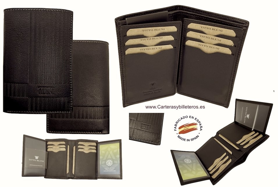 PORTEFEUILLE HOMME TITTO BLUNI CUIR DE LUXE AVEC PORTE 16 CARTES CHEVRON GRAVÉ 