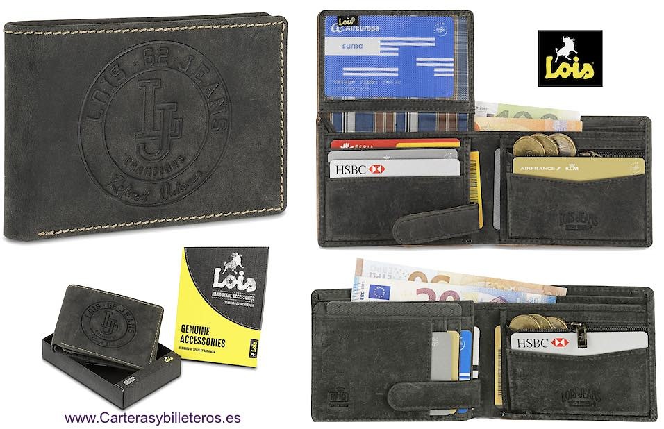 PORTEFEUILLE LOIS EN CUIR DE VACHE STYLE JEANS AVEC MARQUE GRAVÉE AU FEU POUR HOMME 