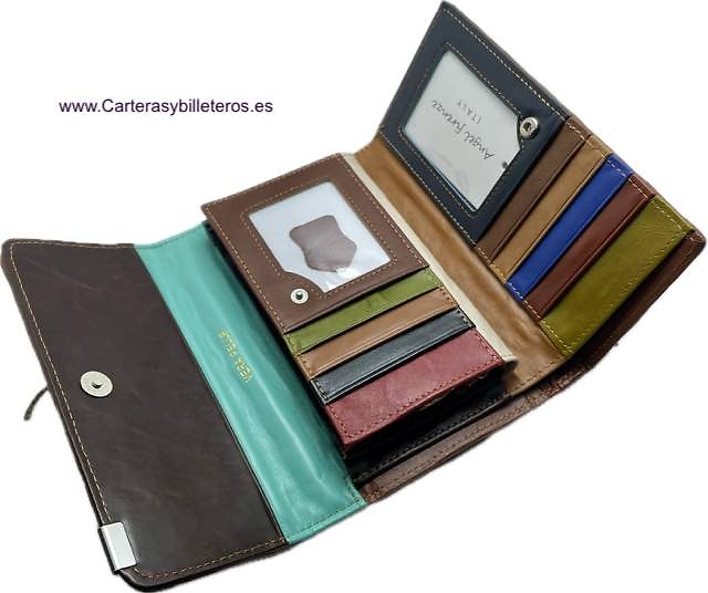 RÈS GRAND PORTEFEUILLE DE FEMME AVEC PORTE-CARTES EN CUIR COLORÉ AVEC LANIÈRES 