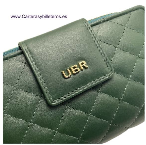 CARTERA MUJER DE PIEL UBRIQUE ACOLCHADA CON MONEDERO CREMALLERA DORADA -3 COLORES- VERDE 