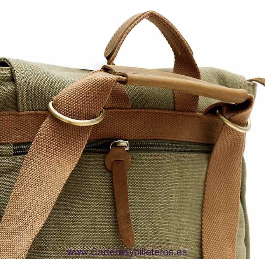 BORSA ZAINO IN TELA EXTRA RESISTENTE CON TASCHE E CINGHIE IN PELLE RINFORZATE E MANICI CON FIBBIE IN METALLO 