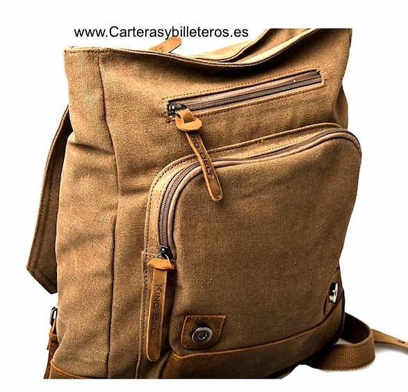 BORSA ZAINO IN TELA EXTRA RESISTENTE CON TASCHE E CINGHIE IN PELLE RINFORZATE E MANICI CON FIBBIE IN METALLO 