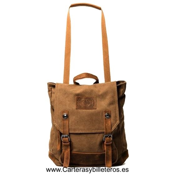 BORSA ZAINO IN TELA EXTRA RESISTENTE CON TASCHE E CINGHIE IN PELLE RINFORZATE E MANICI CON FIBBIE IN METALLO 