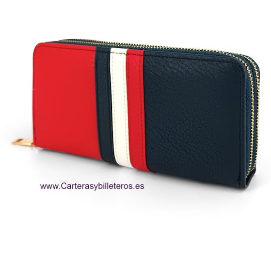 CARTERA DOBLE GRANDE DE MUJER AZUL ROJA BLANCO CON CREMALLERA DORADA 