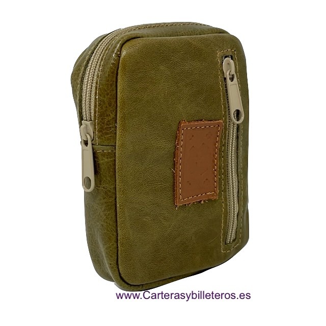 PITILLERA DE PIEL CON BOLSILLO FRONTAL + 40 COLORES -Recomendado- VERDE KHAKI 