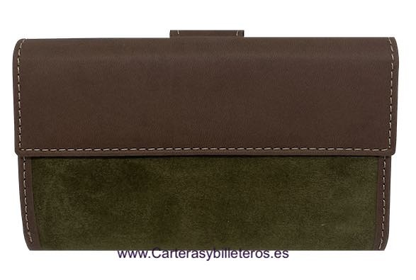 CARTERA MUJER CUERO CON ANTE HECHA EN UBRIQUE VERDE KHAKI 