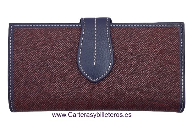 PORTAFOGLIO DONNA GRANDE IN PELLE BORDEAUX CON CORNICE MICRO BLU MARINO 