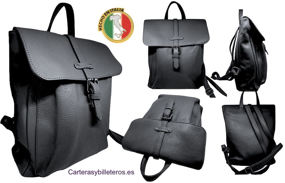 ZAINO DA DONNA IN PELLE NERO MADE IN ITALY CON TASCHE 