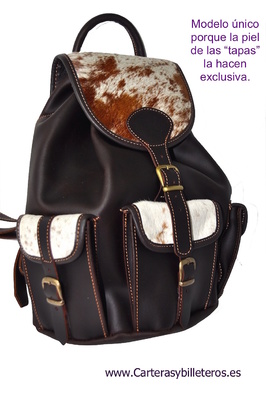 Mochila unisex de piel auténtica de vaca con cremallera para